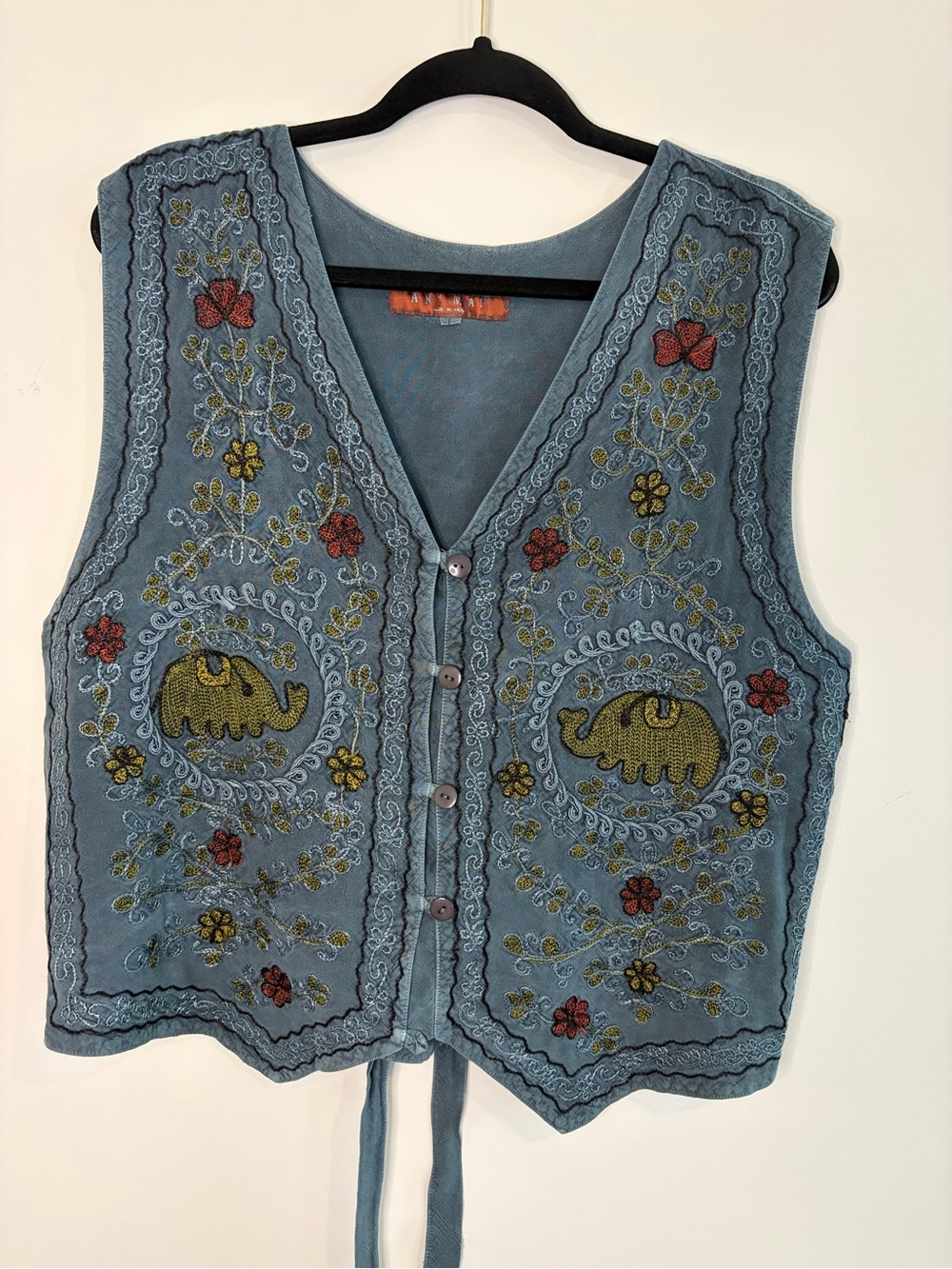 Embroidered Blue Elephant and Floral Motif Vest Festival Cottagecore Size L